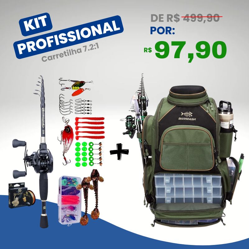 Kit Profissional de Pesca Com Mochila, Vara, Carretilha e Acessórios (EM LIQUIDAÇÃO 2025)